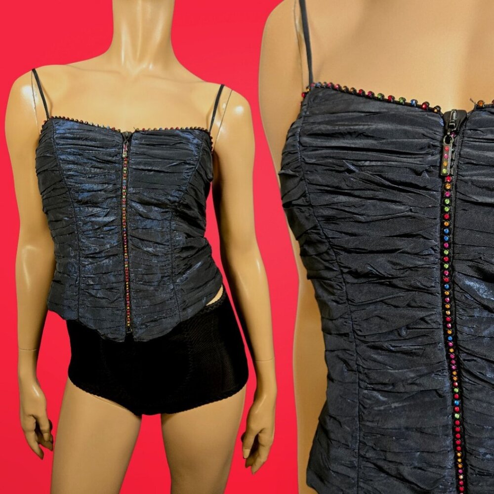 Vintage 90s Black Corset Bustier Top Size S Rhinestone Zipper Witchy Whimsigoth